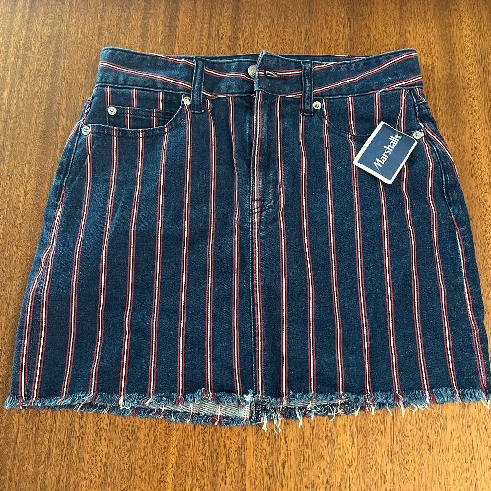 American Eagle High Rise Mini Denim Jean Skirt Blue Red Stripes